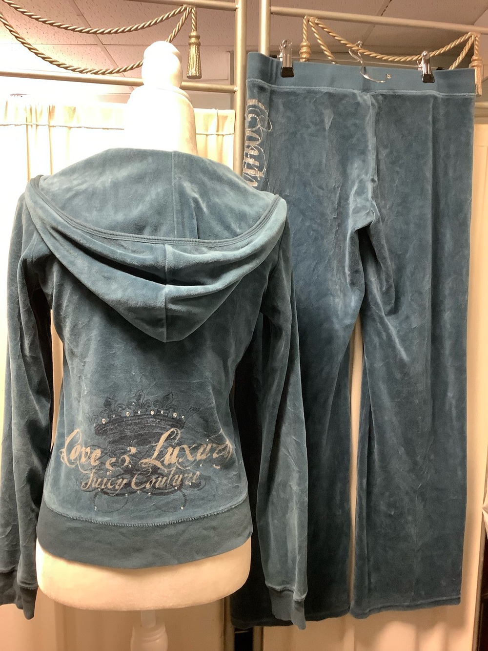 Juicy Couture Teal Velour Zip Hoodie S Drawstring Pants 32 x 31 M